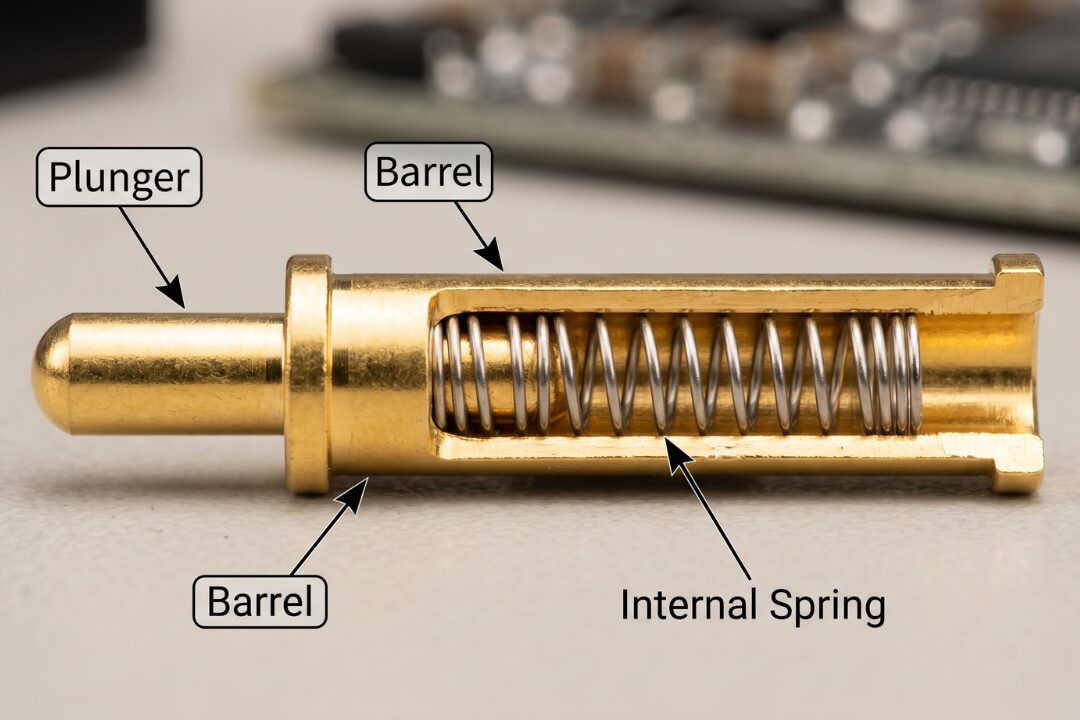 Pogo pin with plunger, barrel, and internal spring