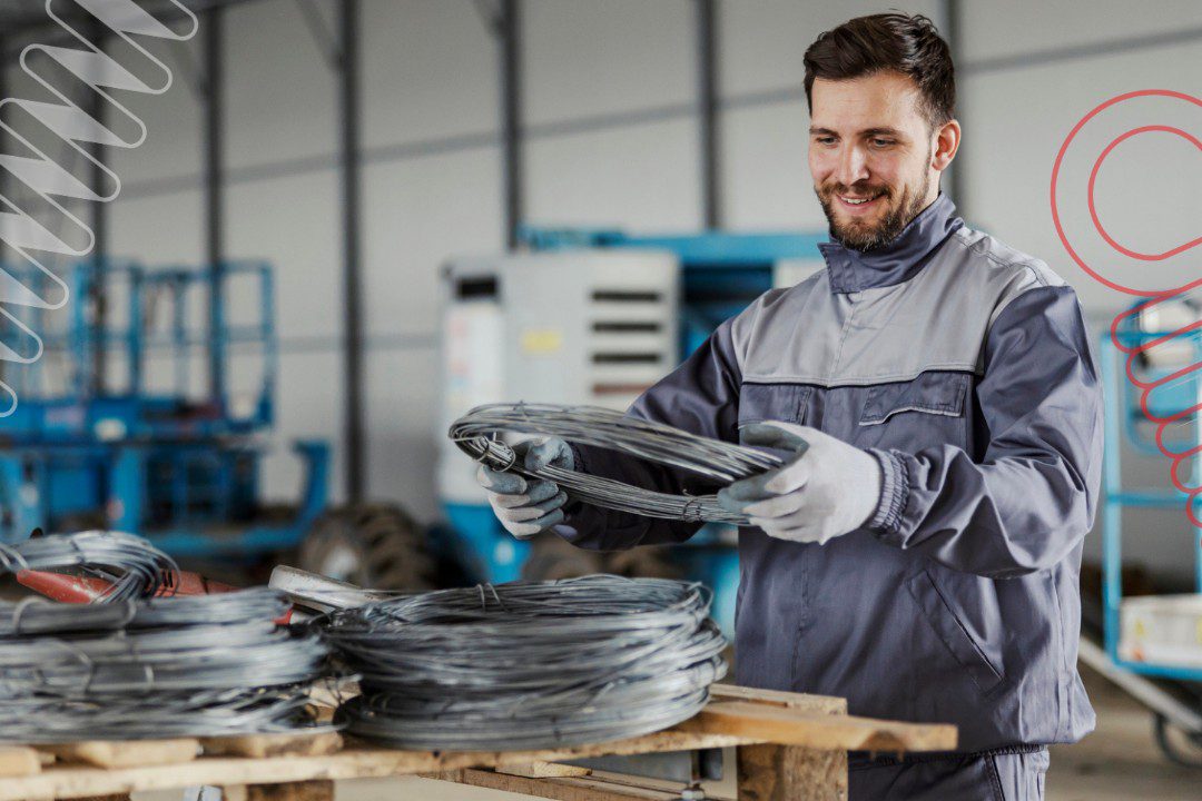 Employee handling pre-galvanized wire in a manufacturing plant